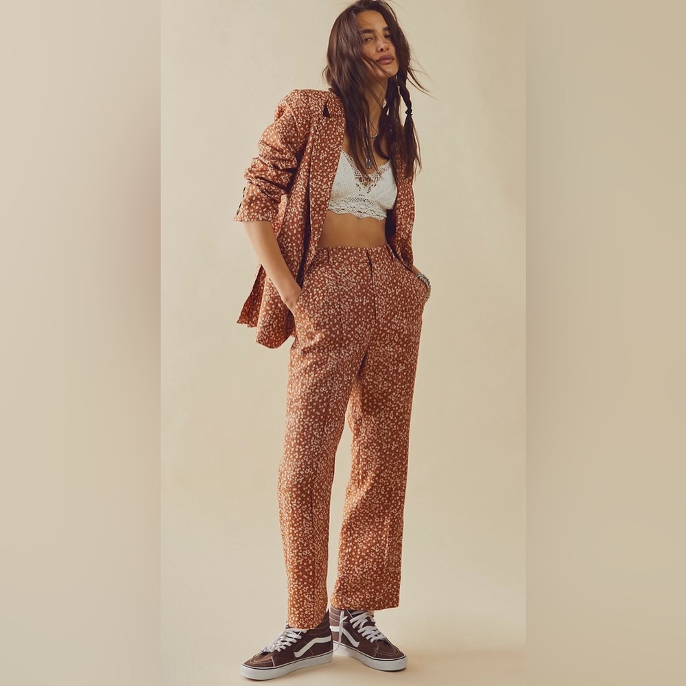 NWT Free People Rust Floral Pantsuit with Subtle White Print